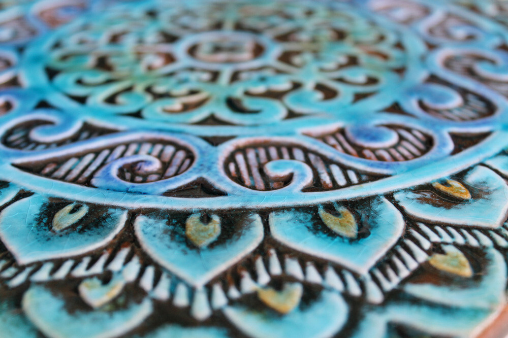 handmade tile decorative relief turquoise mandala